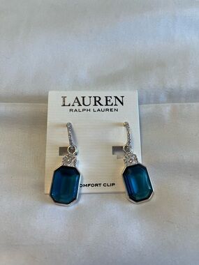 Lauren Ralph Lauren Teal Octagon Crystal Drop Clip-On Earrings